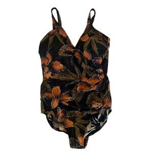 Miraclesuit One-Piece Bathing Suit 14 Black Tropical Ruched Shaping Support Swim